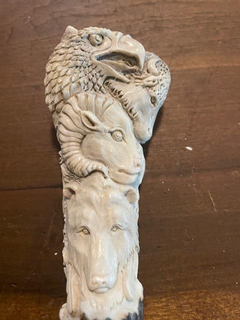 Hand-carved STAG ANTLER Handle of a Native American Indian, Eagle, Buffalo, Wolf, Bear, and Sheep - 2