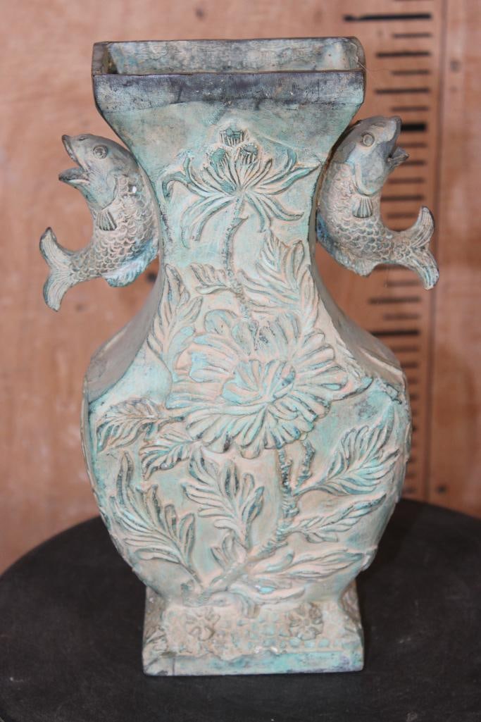 Ornate Bronze FISH Vase or Urn Sculpture with a Green Patina: Ornate Bronze FISH Vase Sculpture with a Green Patina. It measures 11.5" Tall x 7" Long x 3.5" Wide and Weighs 6 lbs. COLLECTIBLE BRONZE SCULPTURES 