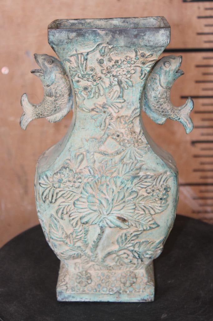 Ornate Bronze FISH Vase or Urn Sculpture with a Green Patina - 2