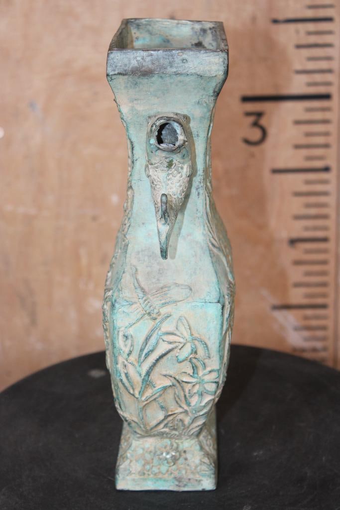 Ornate Bronze FISH Vase or Urn Sculpture with a Green Patina - 3