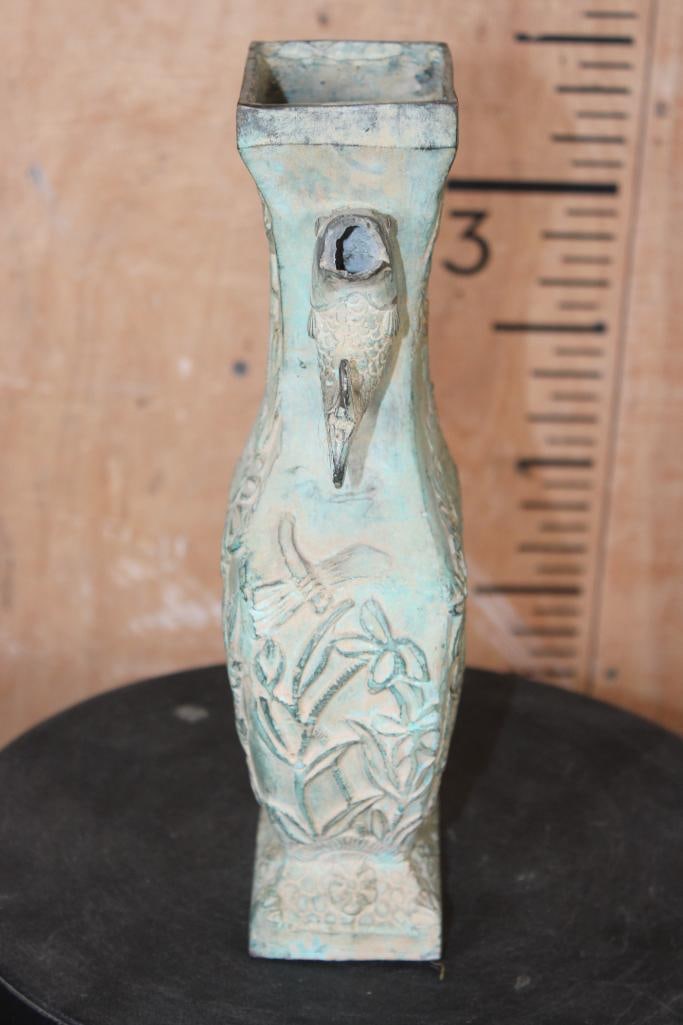 Ornate Bronze FISH Vase or Urn Sculpture with a Green Patina - 4