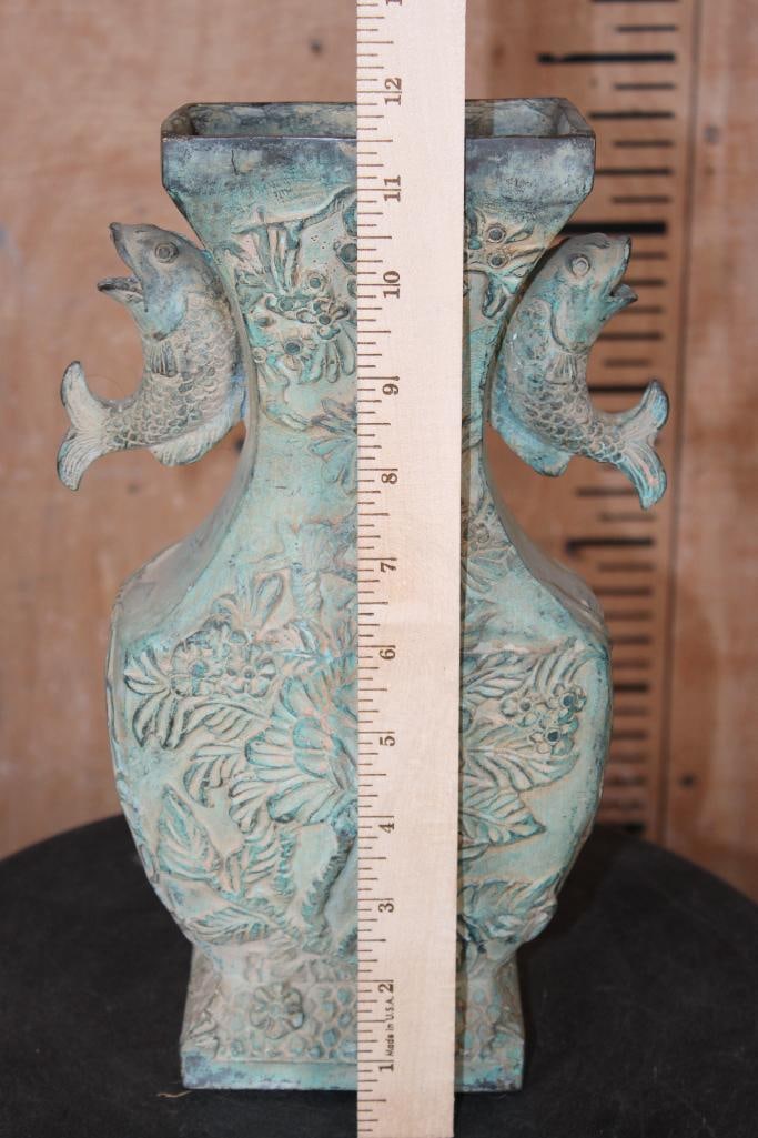 Ornate Bronze FISH Vase or Urn Sculpture with a Green Patina - 5