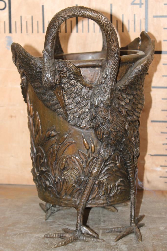 XL Bronze CRANE Vase Sculpture with the Neck as Handles and the Feet as the Base - 2