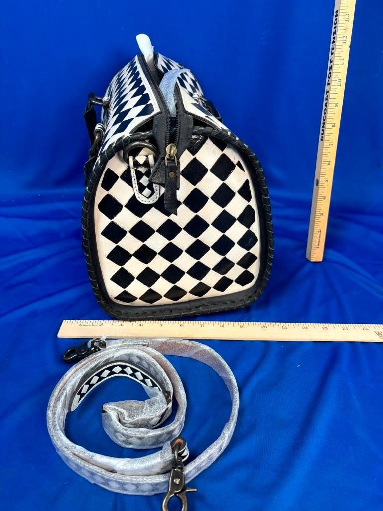 *Brand New* Black and White Checkered Leather Handbag with a Removable Shoulder Strap - 2