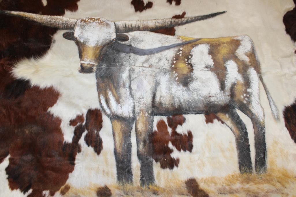 Tri-colored COWHIDE with a Hand-painted Texas Longhorn and signed by the Artist - 2