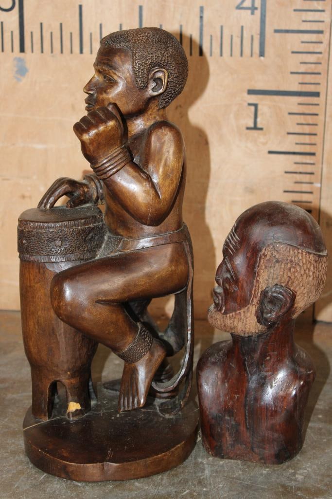 (1) Hand-carved African Drummer Sculpture and (1) Hardwood Bust of an African Man - 2