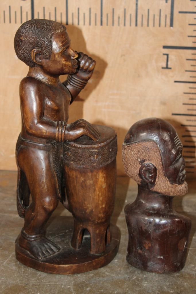 (1) Hand-carved African Drummer Sculpture and (1) Hardwood Bust of an African Man - 3