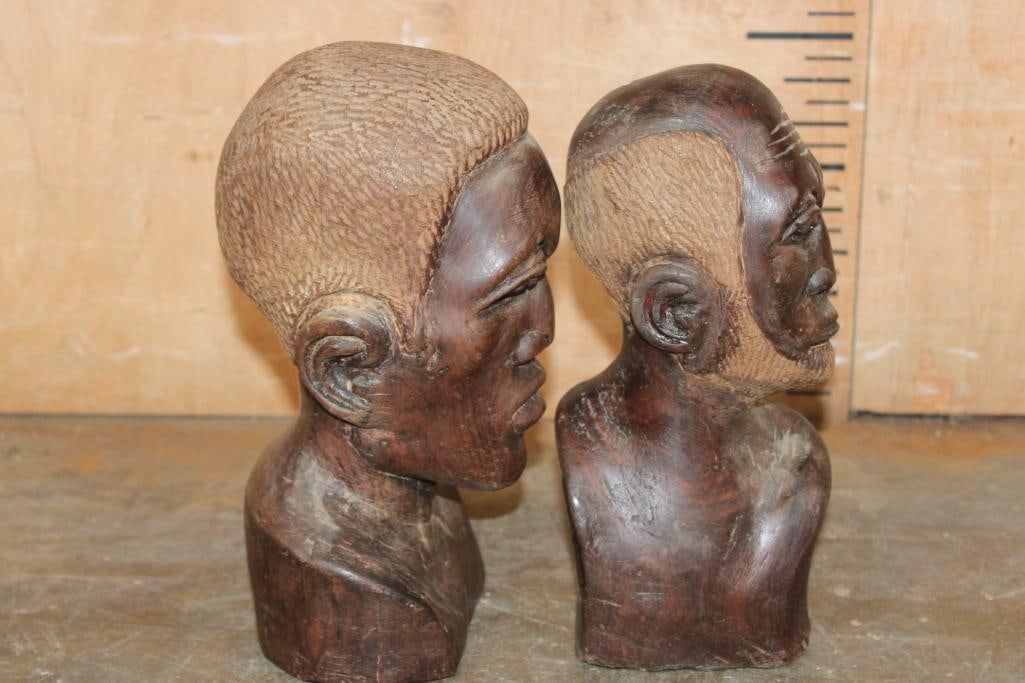 (2) Hand-carved Hardwood African Bust Sculptures - 2