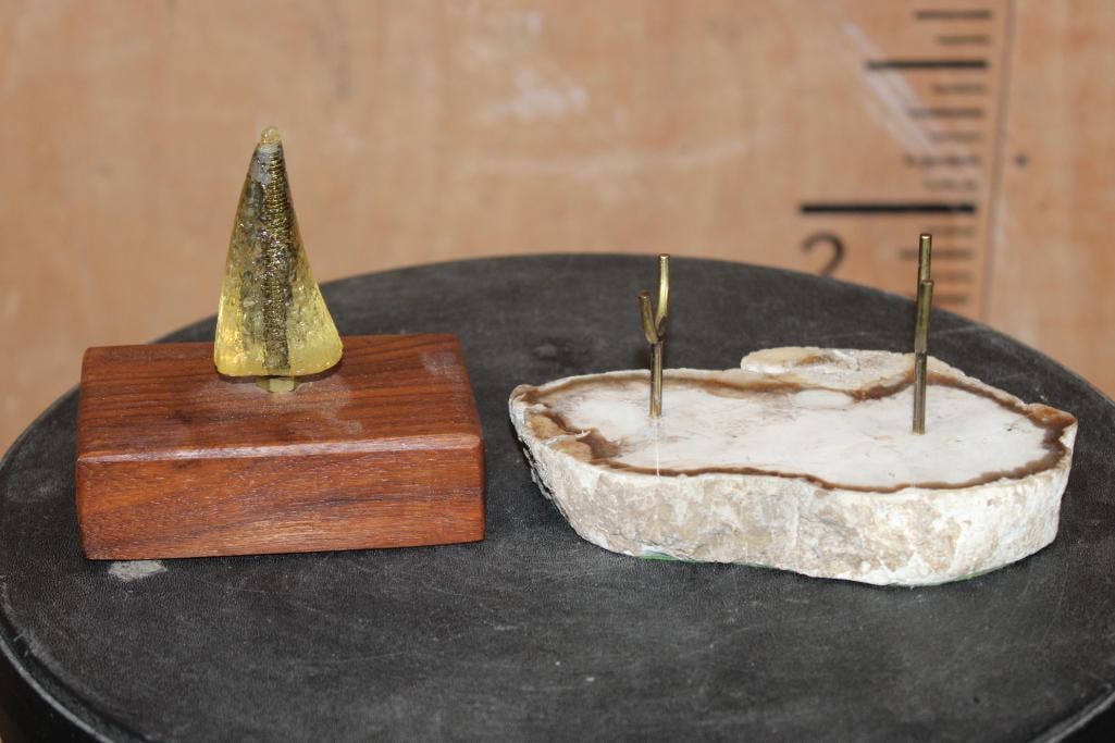 (1) Petrified Wood Whale Tooth Display Stand and (1) Stained Wood Whale Tooth Display Stand - 2