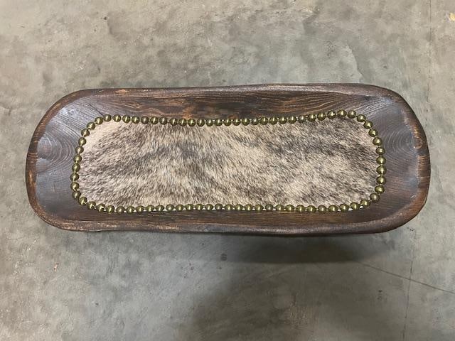 *New* Hand-carved WOODEN BOWL with Cowhide and Brass Tack Detail - 2