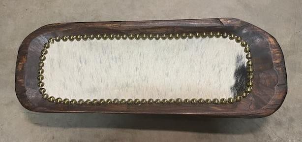*New* Hand-carved WOODEN BOWL with Cowhide and Brass Tack Detail - 2