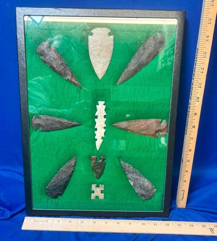 (10) Native American ARROWHEADS or "Lithics" including Eccentric Points in a Display Frame - 2