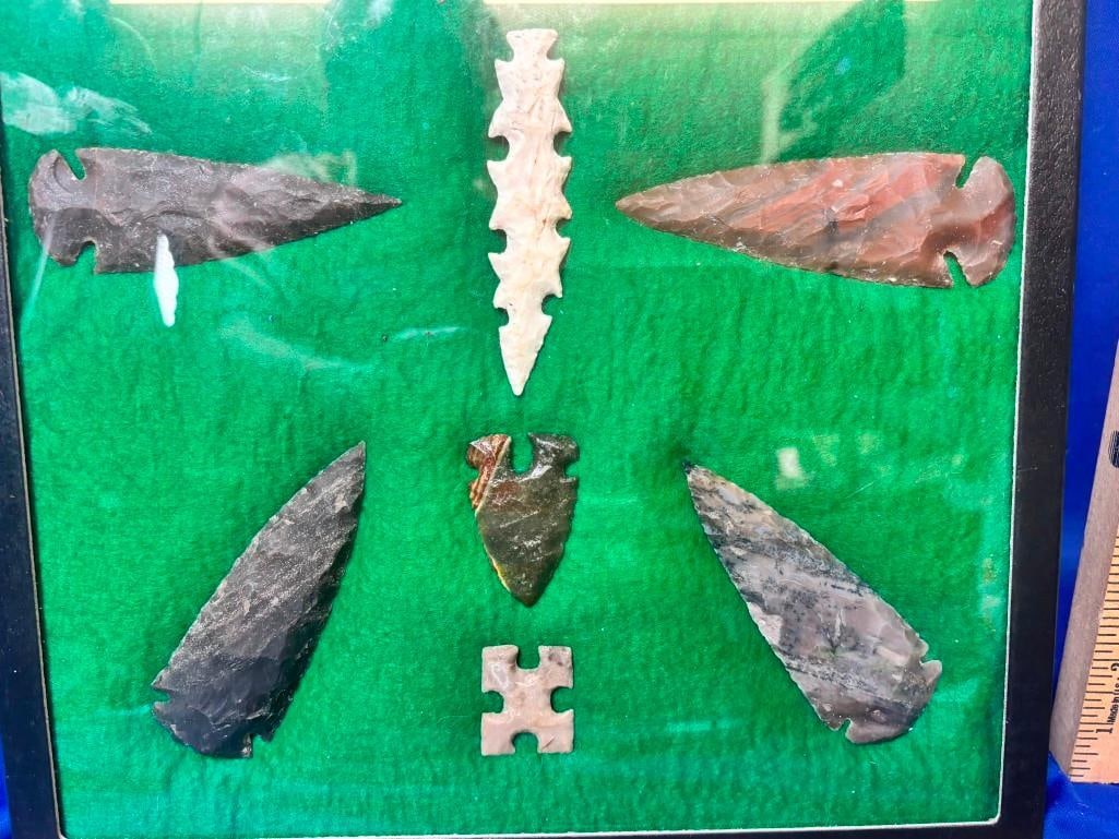 (10) Native American ARROWHEADS or "Lithics" including Eccentric Points in a Display Frame - 3