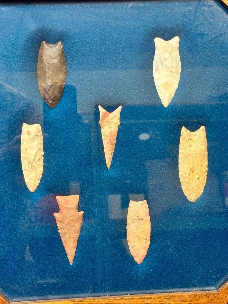 (8) Native American ARROWHEADS in an Octagonal Frame including Incredible Flint Pieces - 8