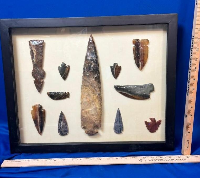 (11) Hand-knapped ARROWHEADS or Stone Spearheads in a Display Frame (1 of 2)