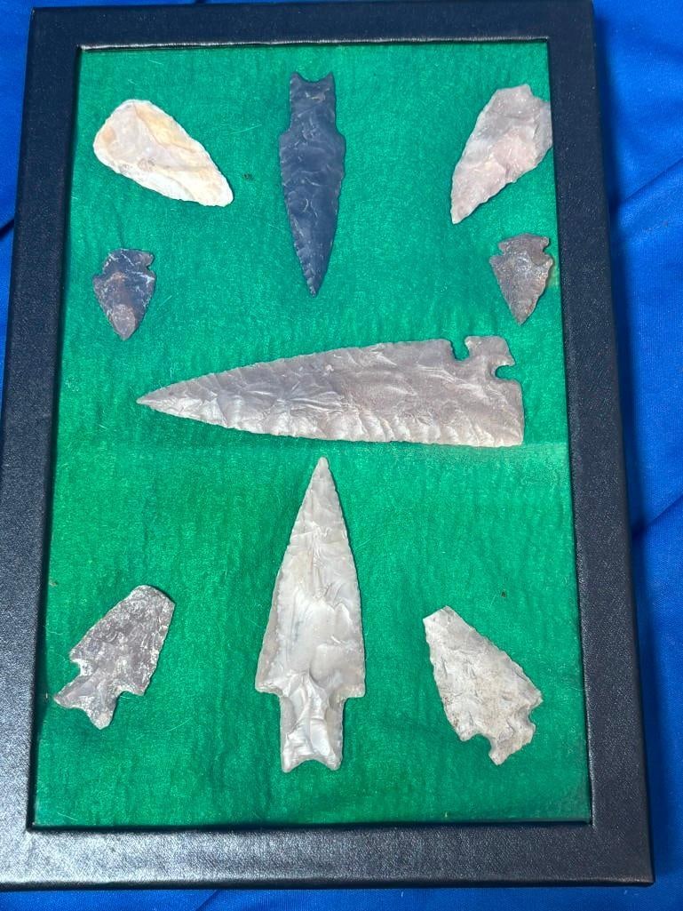 (9) Native American ARROWHEADS or Projectile Points in a Display Frame (1 of 4)