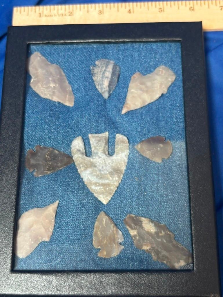 (9) Native American ARROWHEADS in a Display Case: 9 Native American ARROWHEADS. They are displayed in a 8" Tall x 6" Wide Display Case with Glass. COLLECTIBLE NATIVE AMERICAN ARROWHEADS *While these arrowheads came from an estate of a