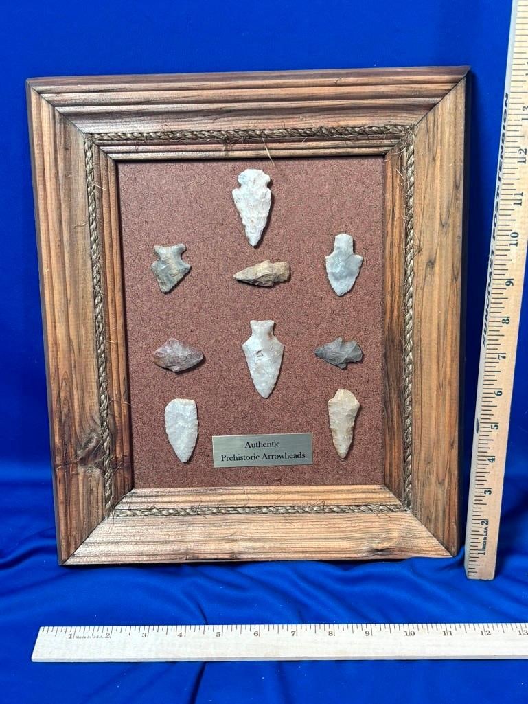 (9) Prehistoric Native American ARROWHEADS in an Open Frame (1 of 2)