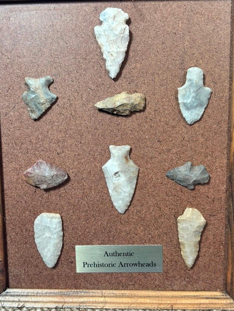 (9) Prehistoric Native American ARROWHEADS in an Open Frame - 2
