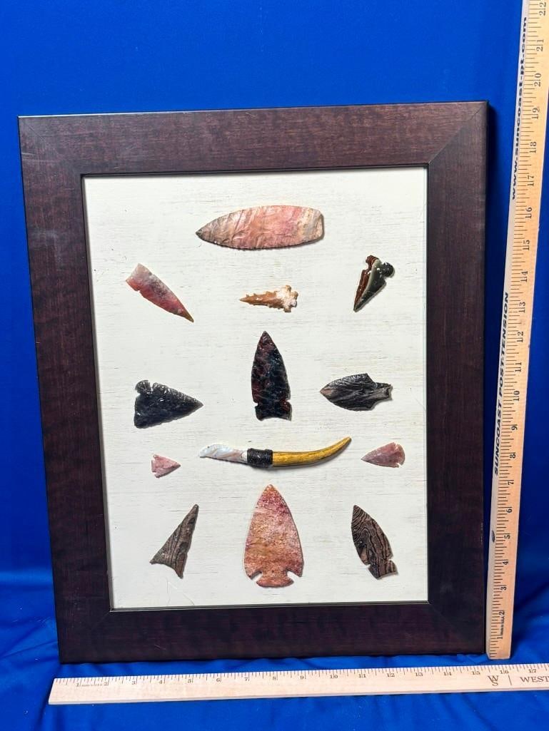 (13) Hand-knapped ARROWHEADS and Projectile Points in a Display Frame: 13 Hand-knapped ARROWHEADS and Projectile Points. They are displayed in a 16" Wide x 20" Tall Open Frame. COLLECTIBLE ARROWHEADS *While these arrowheads came from an estate of a long-time