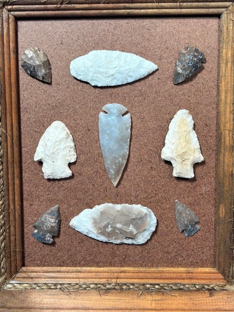 (9) Native American ARROWHEADS or Projectile Points in an Open Display Frame - 2