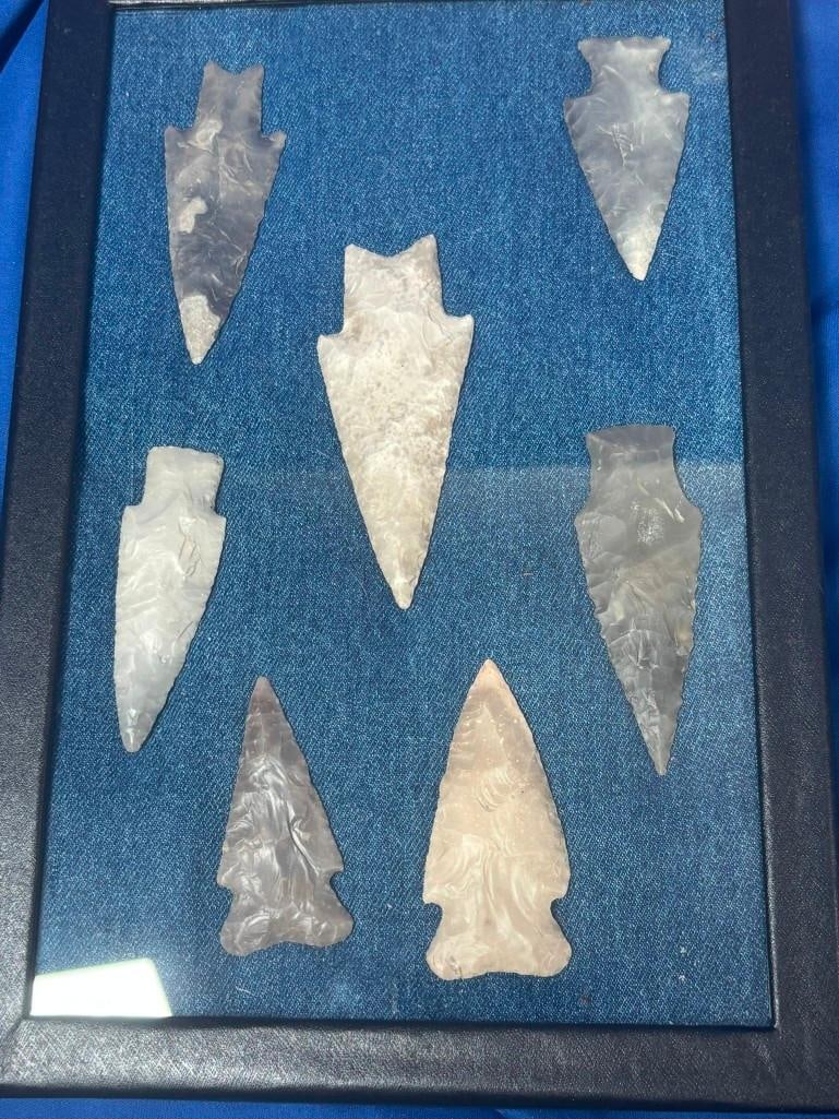(7) Hand-knapped ARROWHEADS and Spear Heads in a Display Case - 2