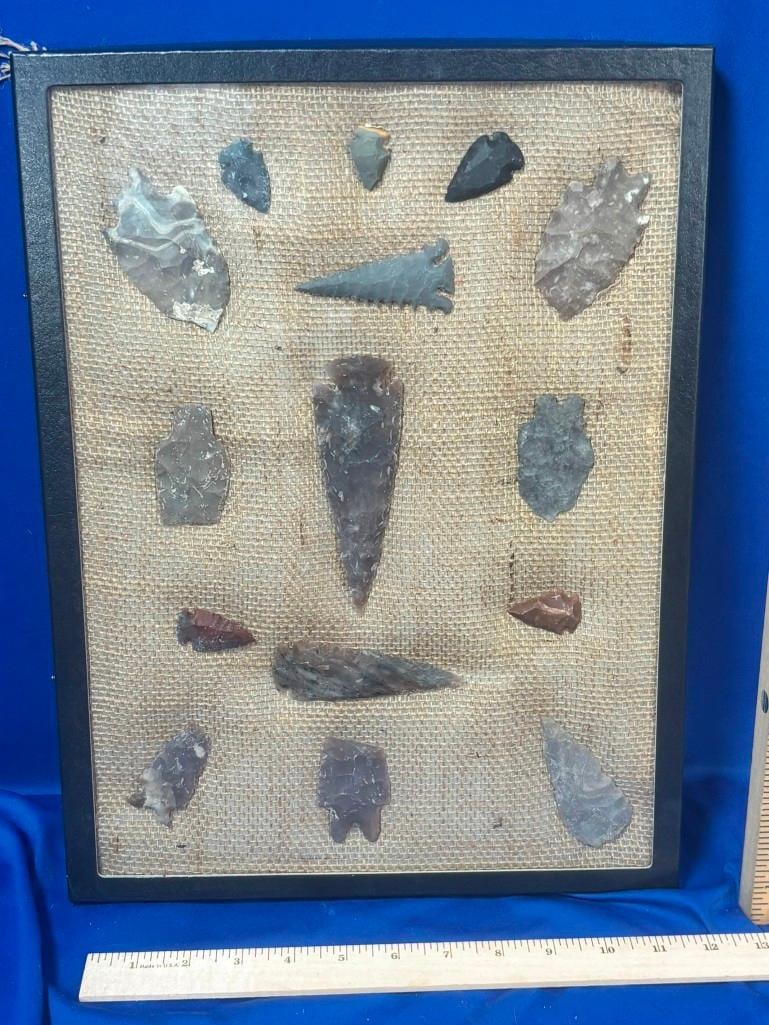 (15) Native American ARROWHEADS and Projectile Points in a Display Case (1 of 2)