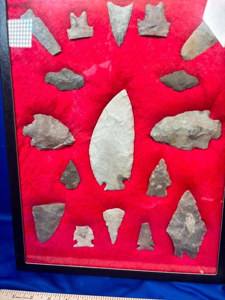 (17) Native American ARROWHEADS and Stone Projectile Points in a Display Case - 2