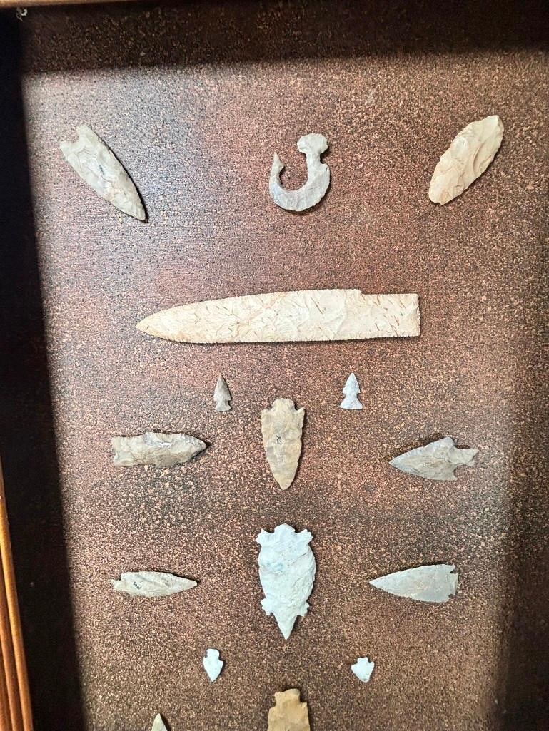 (22) Native American ARROWHEADS and Artifacts in an Open Display Frame - 2