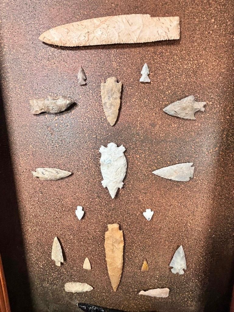 (22) Native American ARROWHEADS and Artifacts in an Open Display Frame - 3