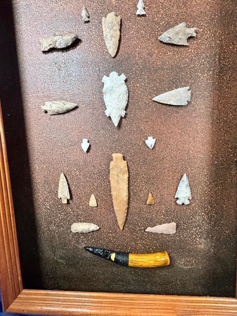 (22) Native American ARROWHEADS and Artifacts in an Open Display Frame - 4