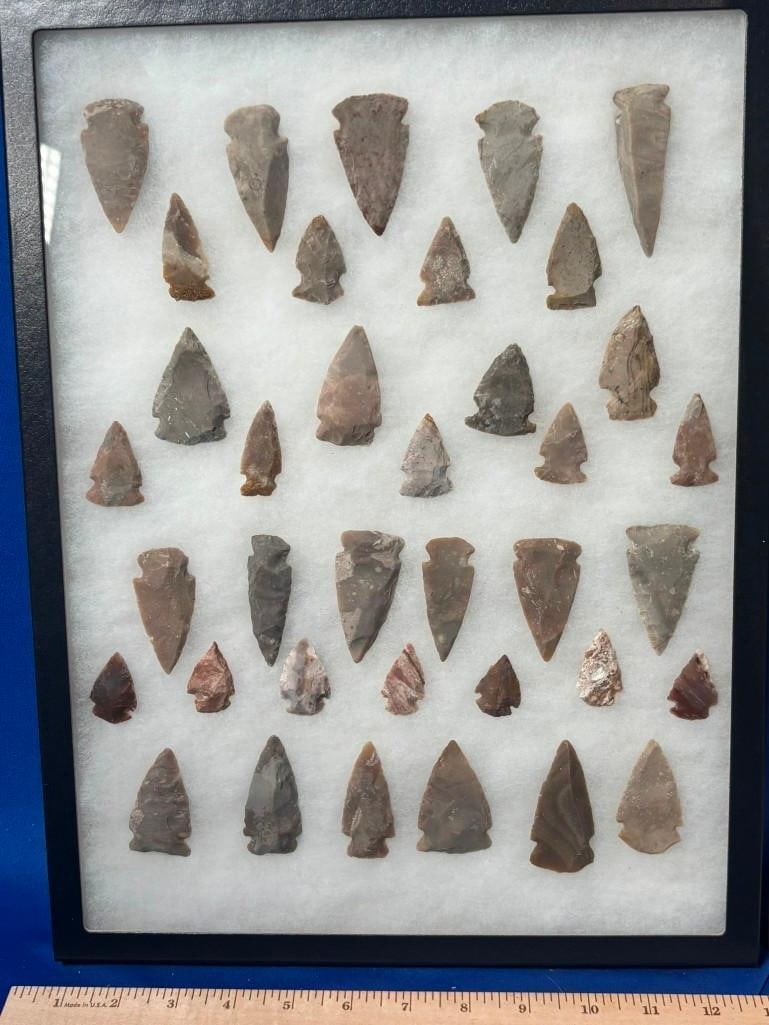(37) Prehistoric Native American ARROWHEADS or Stemmed Spear Points in a Frame Display - 2