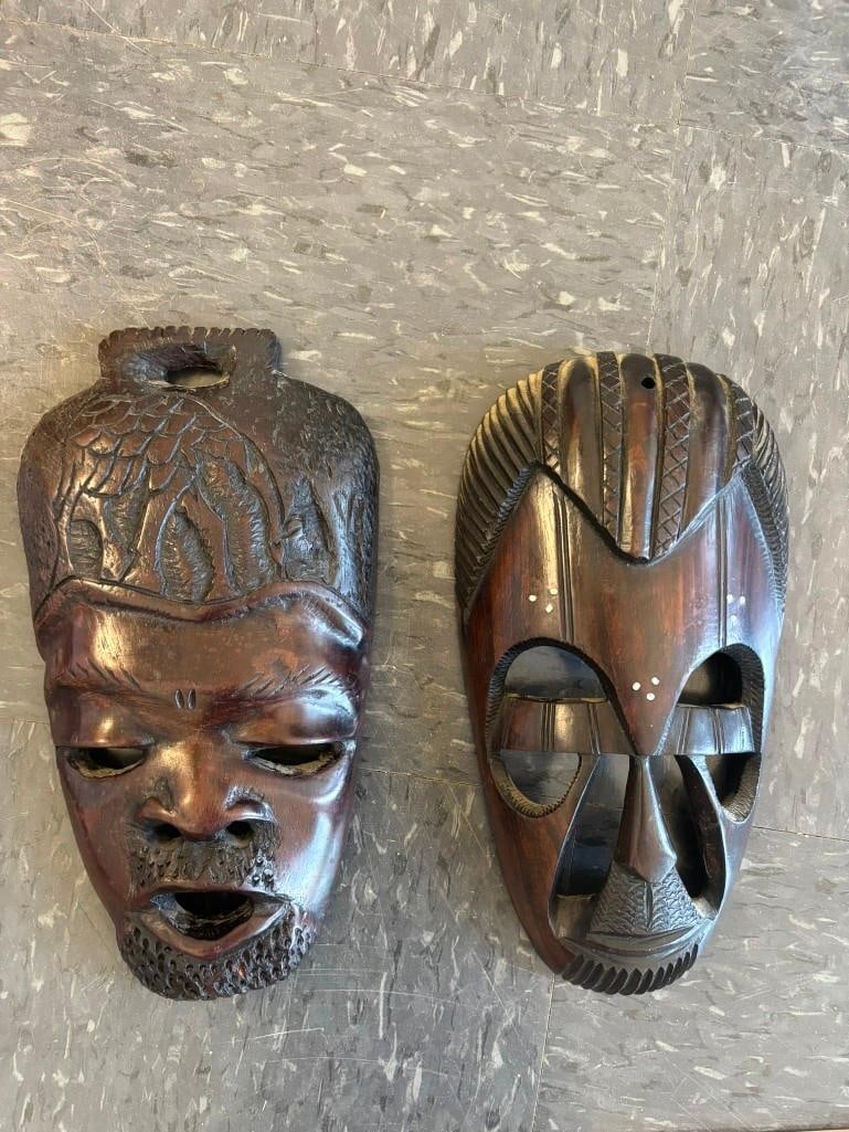 (2) Hand-carved Wood African MASKS (1 of 4)
