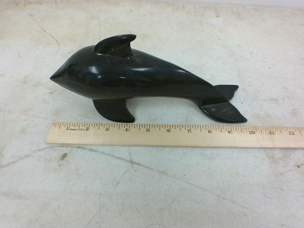 (1) Hand-carved Wood RAM Sculpture and (1) Rock Mineral DOLPHIN Sculpture - 3