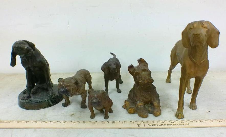 (6) Assorted DOG Figurines: 6 Assorted DOG Figurines. There are 6 different types of dogs including Lab and Bulldogs. They are made of Brass, Metal, and 1 has a Marble Base. DECORATIVE COLLECTIBLES 