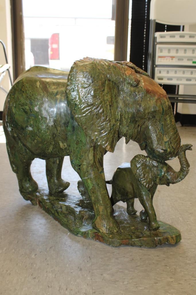 XL Stone ELEPHANT with Child Sculpture: XL Green Verdite Stone ELEPHANT with Child Sculpture. It measures 25" Long x 12" Wide x 19" Tall and Weighs approximately 80lbs. COLLECTIBLE WILDLIFE SCULPTURES 