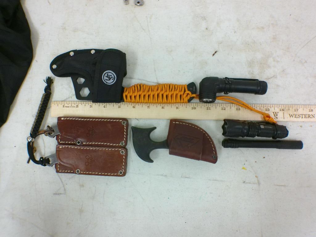 Assorted Lot of (4) Fixed Blade KNIVES with Sheaths and (3) FLASHLIGHTS (1 of 3)