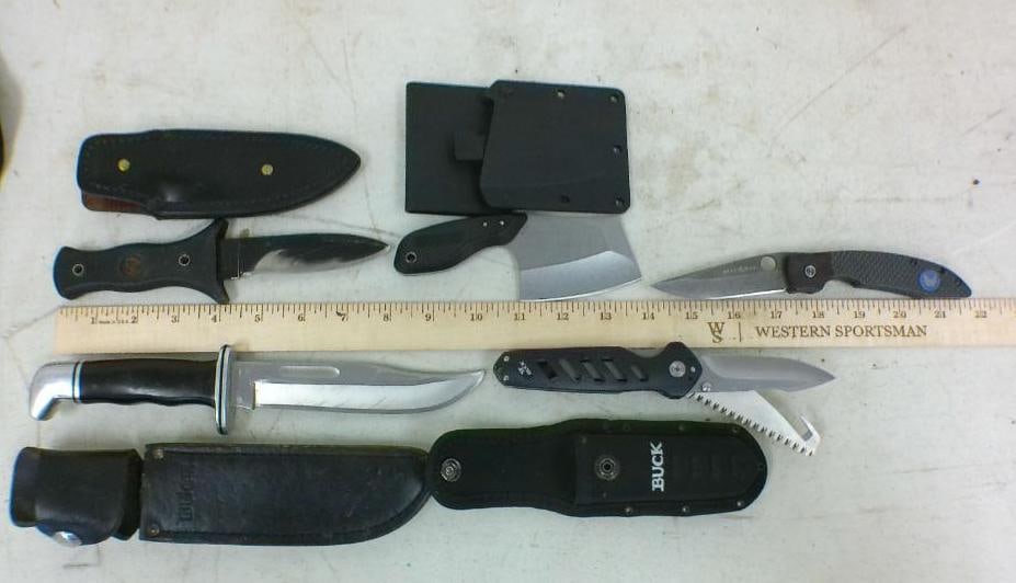 (3) Fixed Blade KNIVES and (2) Pocket KNIVES: 5 KNIVES. Buck 119 Special fixed-blade hunting knife, Spyderco Drunken folding pocket knife, Gerber Tri-Tip Mini Cleaver, Gutmann Explorer MM-V Mark V Boot Knife, Buck Knives 183 Alpha Crosslock