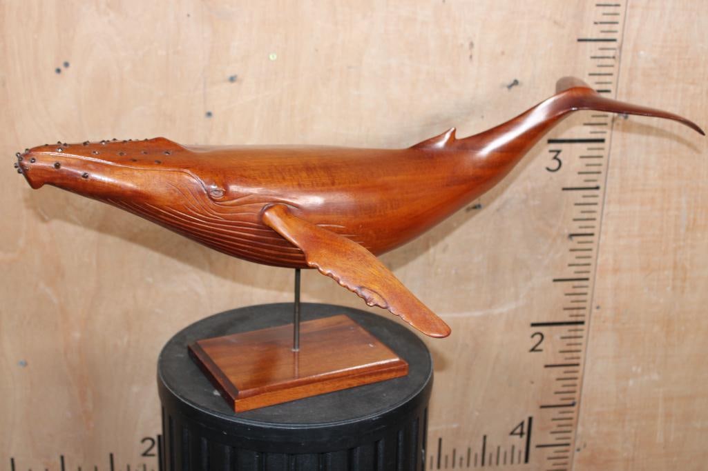 Hand-carved Wood WHALE Sculpture by W. Jacobsen: Big Hand-carved Wood WHALE Sculpture by W. Jacobson. It is stamped "No. 11 5-84 W. Jacobsen" on the bottom. It measures 31" Long x 17" Wide x 12" Tall. The Fins are Removable. COLLECTIBLE WILDLIFE SCU