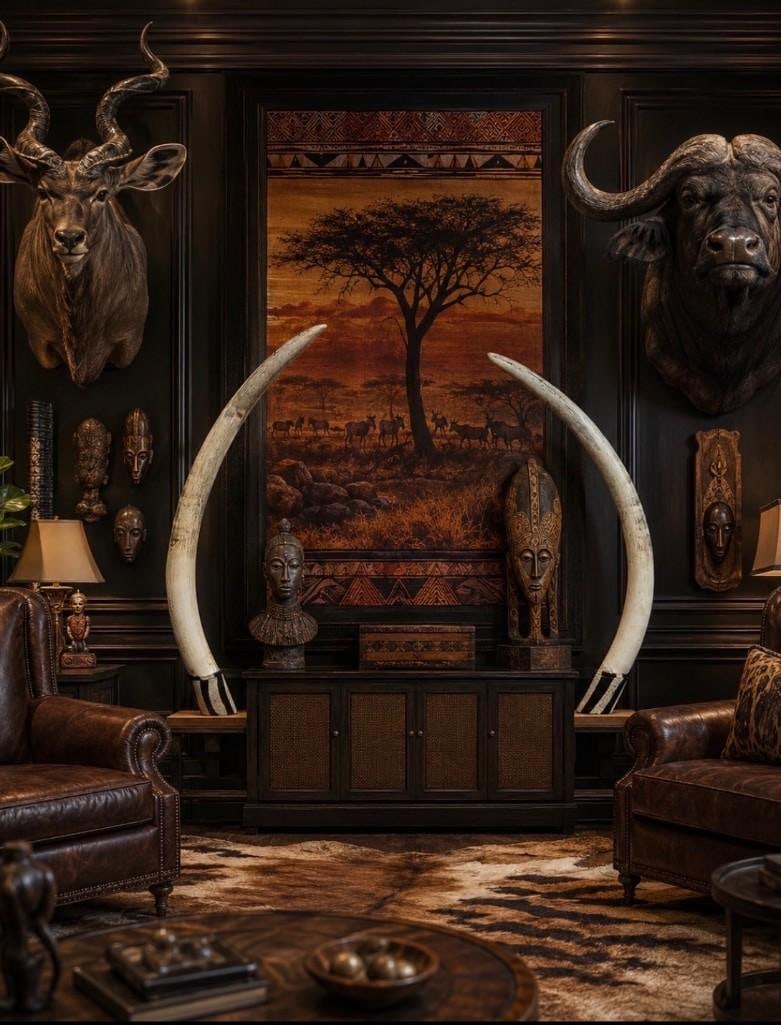 *TEXAS RESIDENTS ONLY* Big Set of ELEPHANT IVORY TUSKS Mounted on Wood Bases with Zebra Hide Accents (1 of 13)