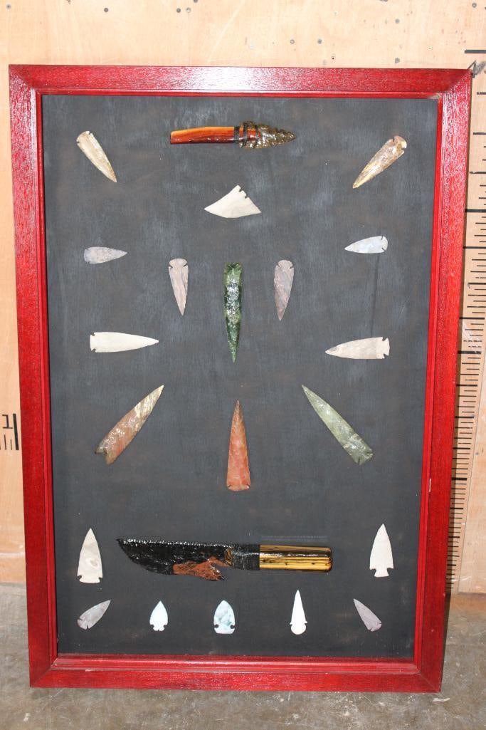 Giant Display of (20) ARROWHEADS and (2) Hand-knapped Stone KNIVES in an Open Display Frame (1 of 6)