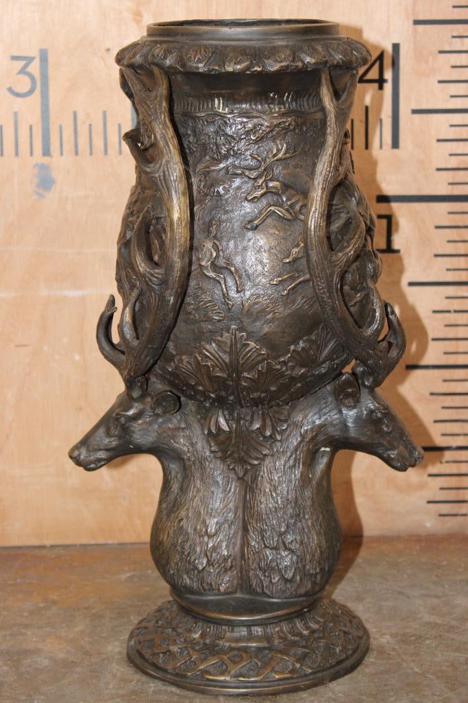Large Bronze Deer Stag Antler PLANTER or URN Sculpture: Large Decorative Bronze Deer Stag Antler Planter, Vessel or Urn Sculpture. It measures 18.5" Tall x 10" Long x 9" Wide and Weighs 20 lbs. This Deer Head Bronze features intricate, hand-forged det