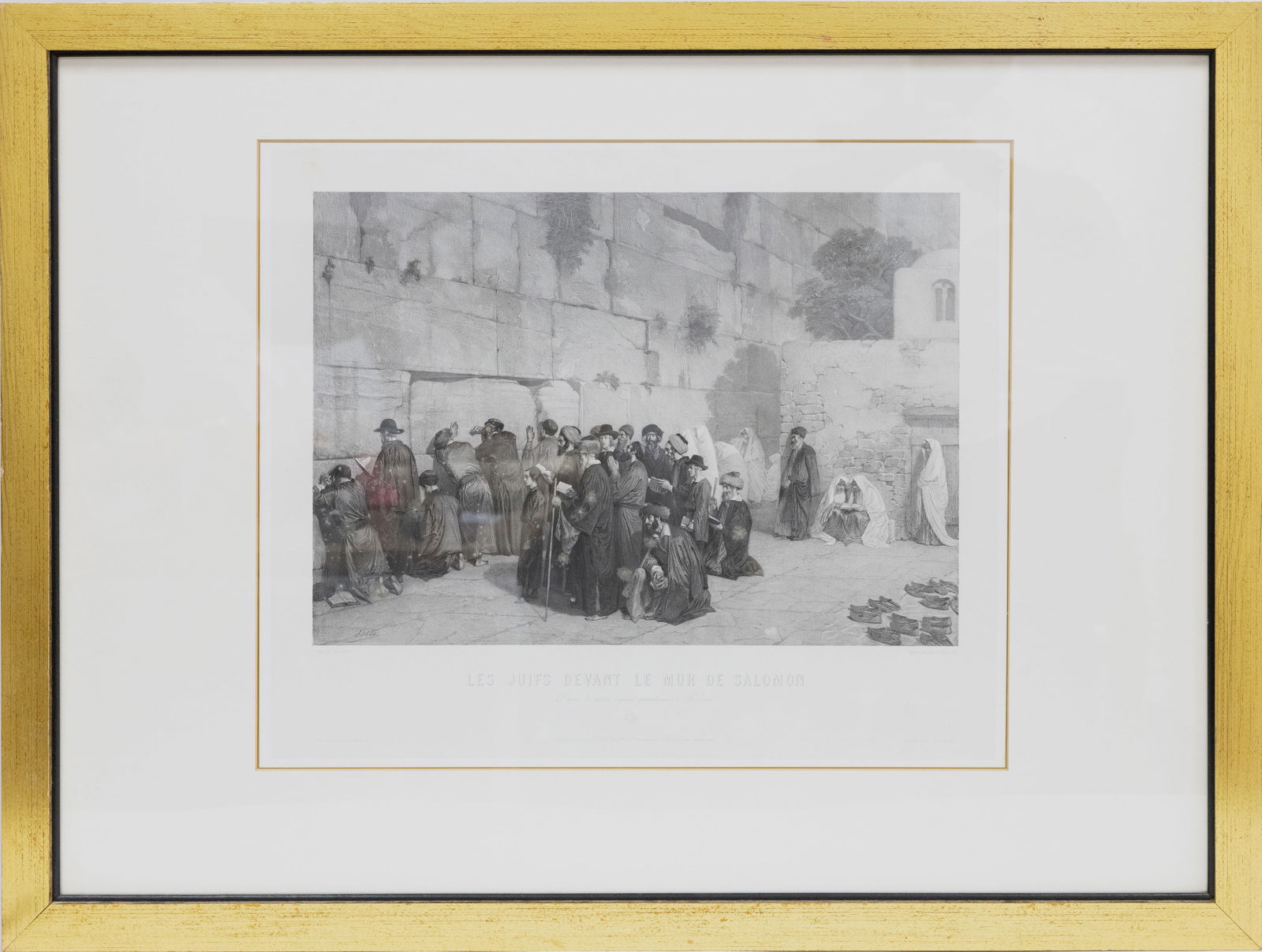 'Jews Before Solomon's Wall'. Alexandre Bida (1813-1895): Large and important print depcting Jews praying before the Wall, standing or kneeling. The artist, Alexandre Bida, paid much attention to clothing items and facial expressions. The importance of