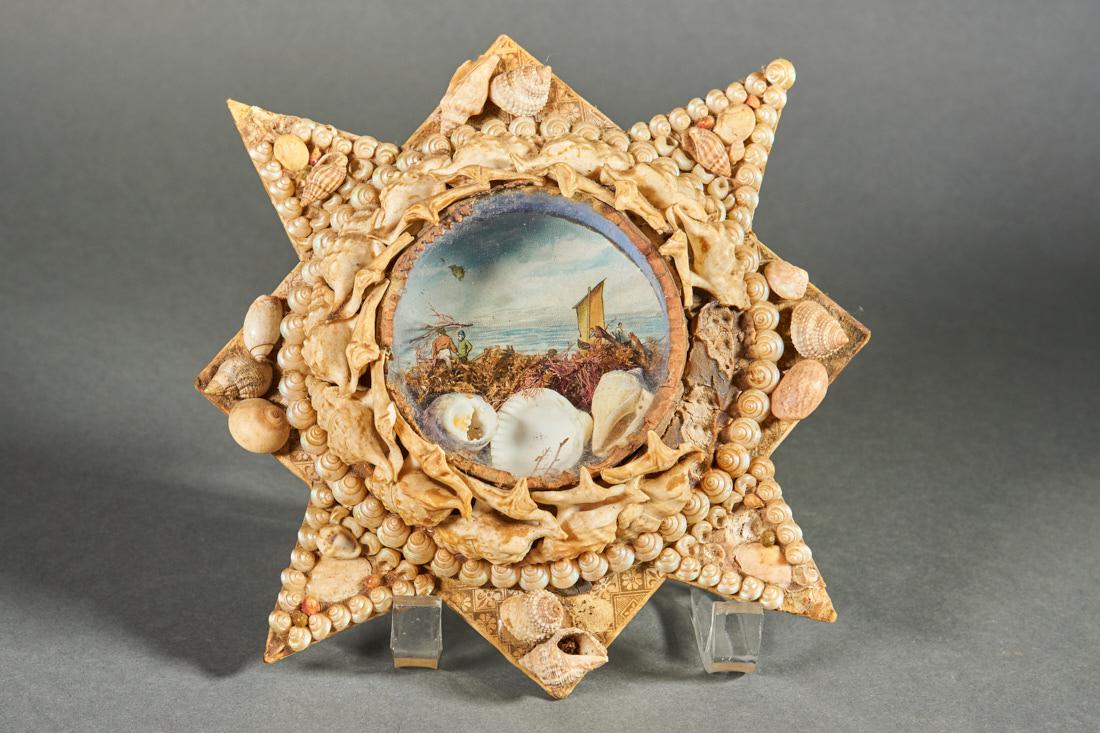 Shell Art Star: Shell Art. Star diorama. Circa 1910. People & boats - missing a few shells. 8" diameter