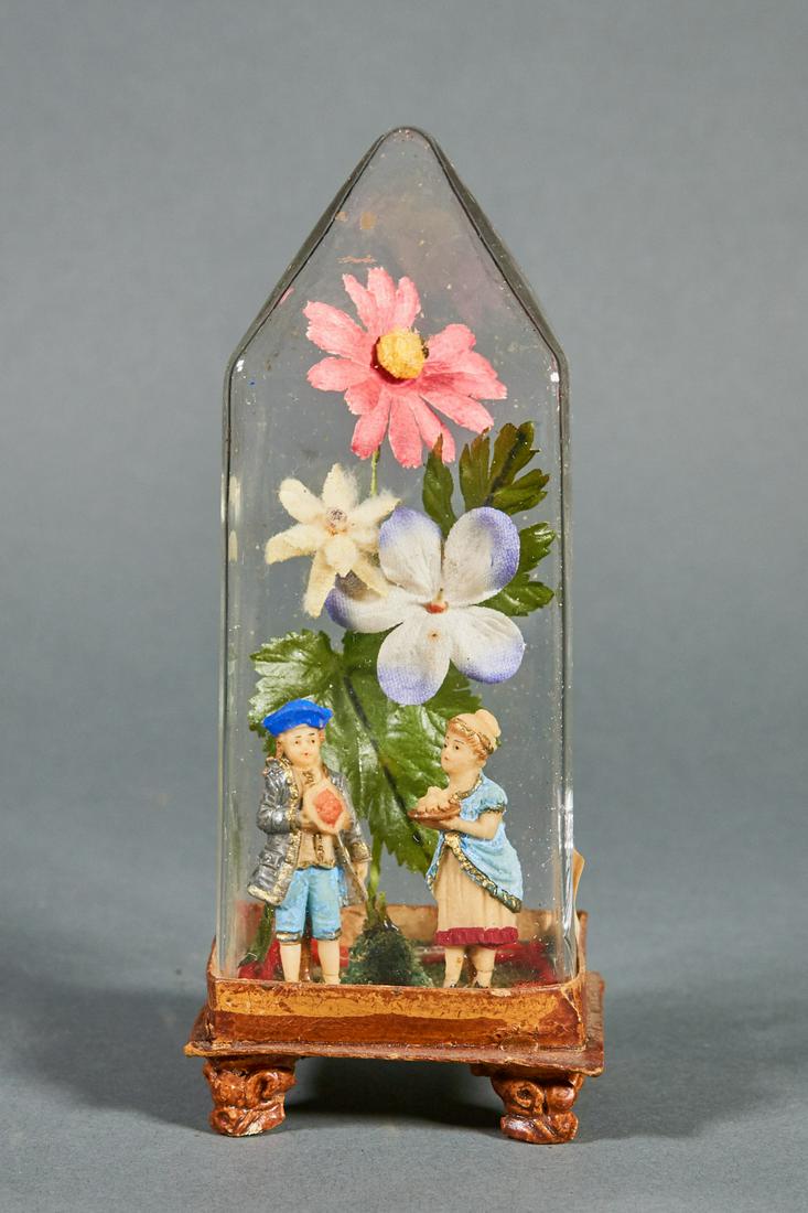 Miniature Valentine Victorian Dome 19th C.: Miniature Valentine, under glass dome. Victorian. Circa : 1880. 2 figures and flowers. 7" tall 3" wide
