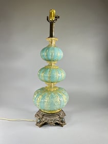 Murano Italy 1960's Glass Aqua & Gold Triple-Gourd Table Lamp