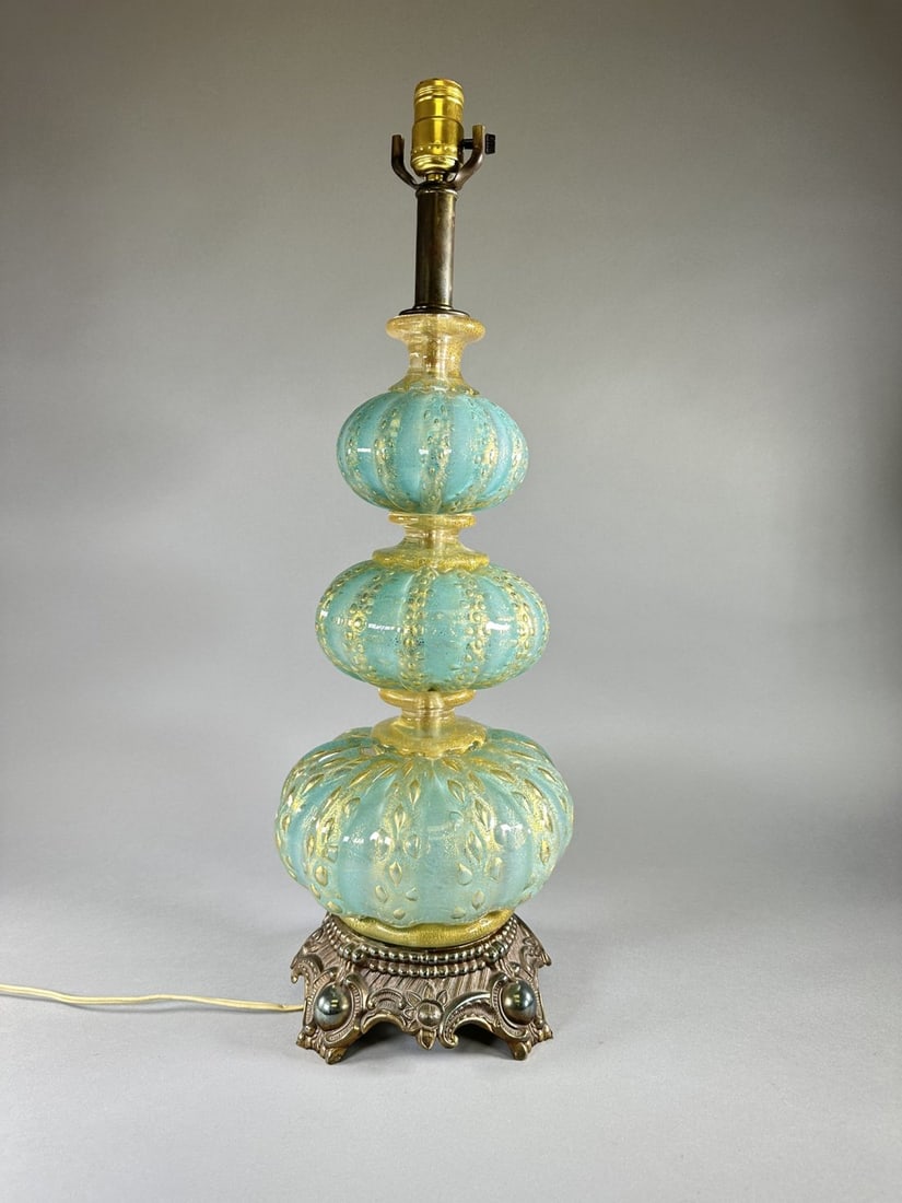 Murano Italy 1960's Glass Aqua & Gold Triple-Gourd Table Lamp (1 of 4)