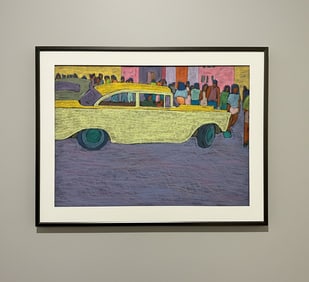 Tony David Ortega Framed Colorful Street Scene with Vintage Car Pastel on Paper