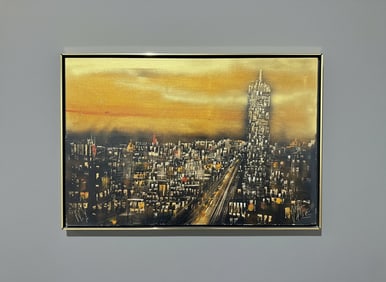 Framed MCM Brutalist Cityscape Night Painting