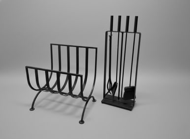 Mid Century Modern Fireplace Tools by Pilgrim, log holder included